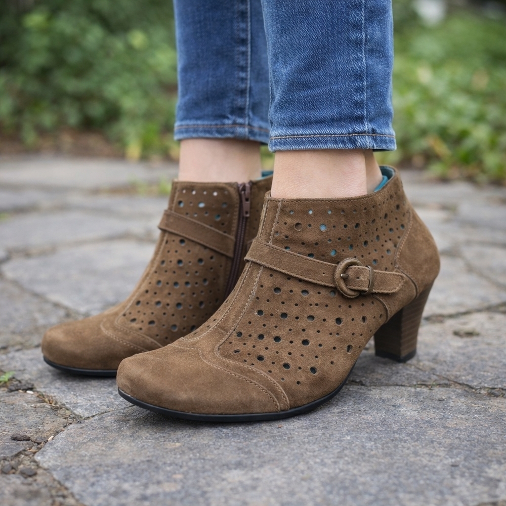 Marc Softwalk Suede Perforated Leather Ankle Boots |Brown Heeled Booties Comfort